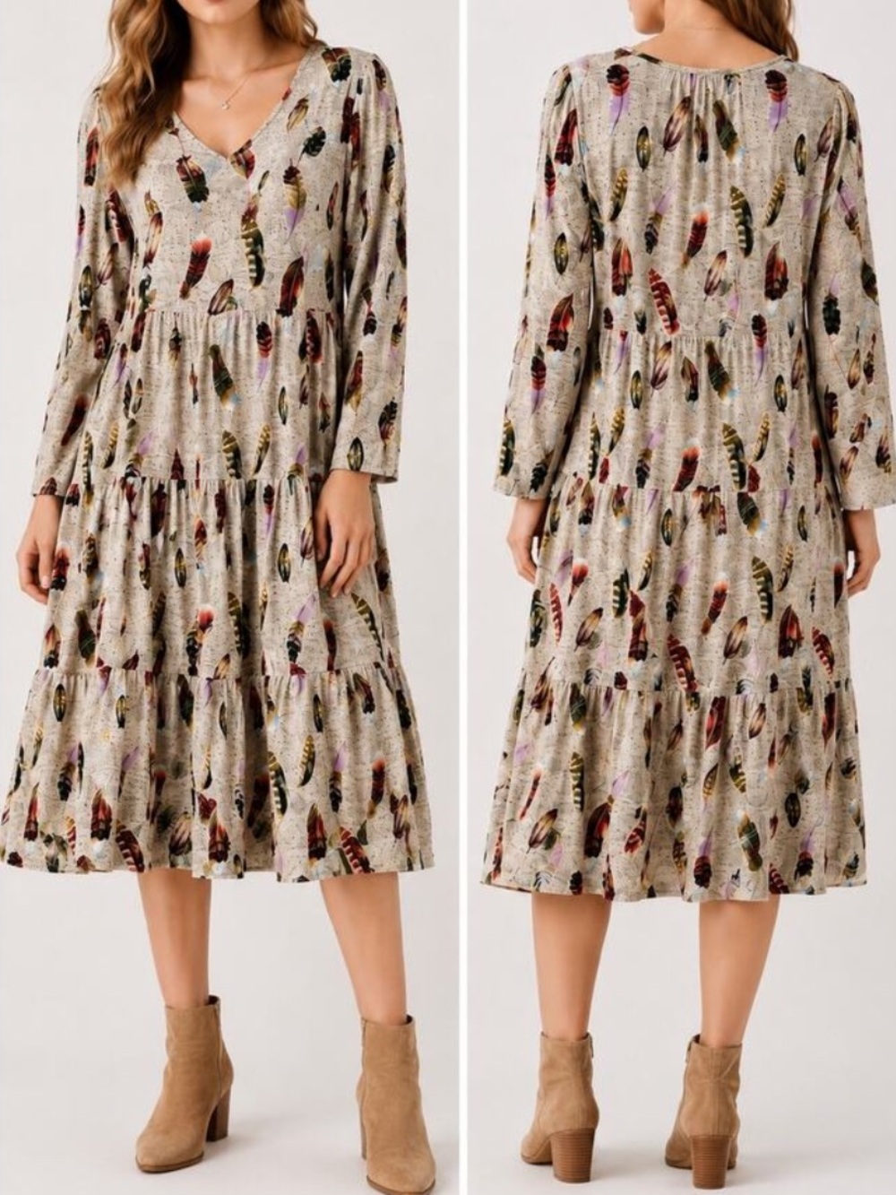 Astrologie XL Feather Print Tiered Maxi Dress Long Sleeve V-Neck Boho Pockets